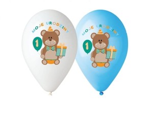 Balony Moje 1 urodziny roczek miś niebieski 12 cali / 5 szt.