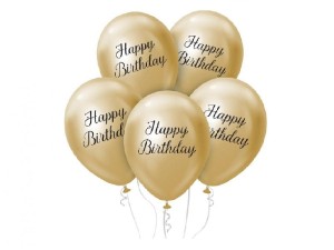 Balony gumowe Happy Birthday  złote 12 cali / 5 szt.