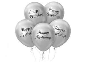 Balony gumowe Happy Birthday  srebrne 12 cali / 5 szt. 