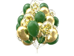 Zestaw balonów złote, zielone, konfetti 13 sztuk.