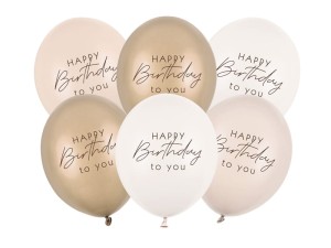 Balony gumowe Happy Birthday mix beżowych 30 cm (1op. / 6 szt.)