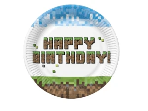 Talerzyki papierowe 18 cm Pixel Block Happy Birthday 8 szt.